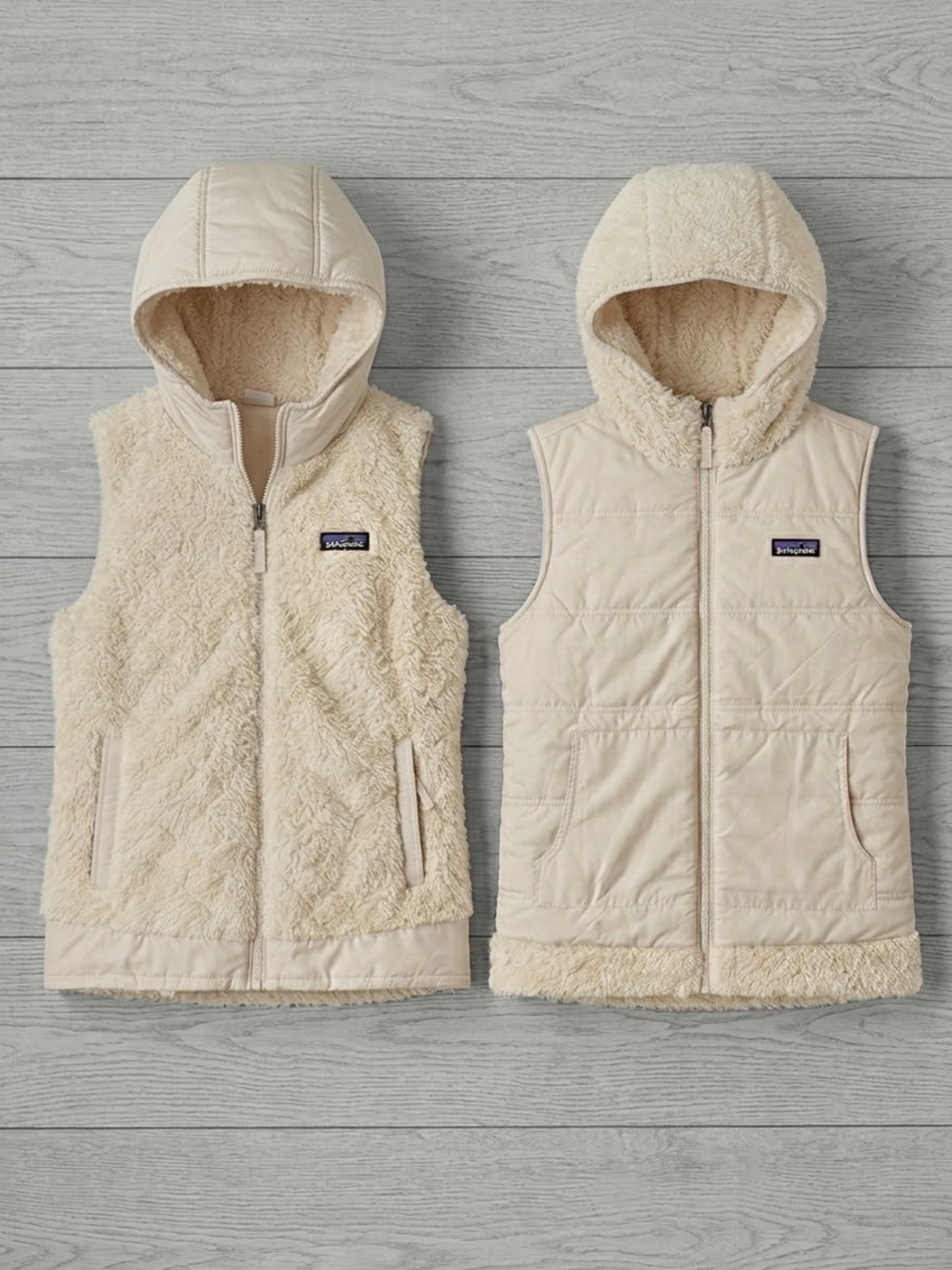 Patagonia Cream Reversible Hooded Vest โ Sherpa and Smooth Sides medium
